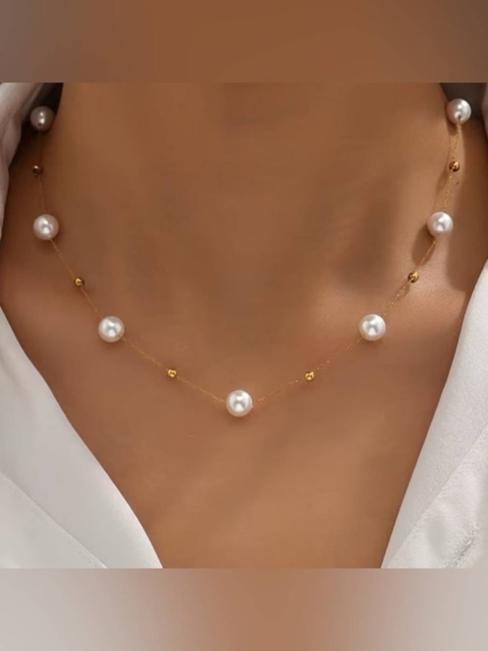 Gold Chain Pearl Station Necklace - Women Jewelry